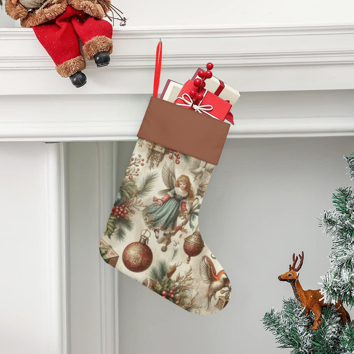 Decorative Christmas stocking with festive design hanging on a fireplace mantle.