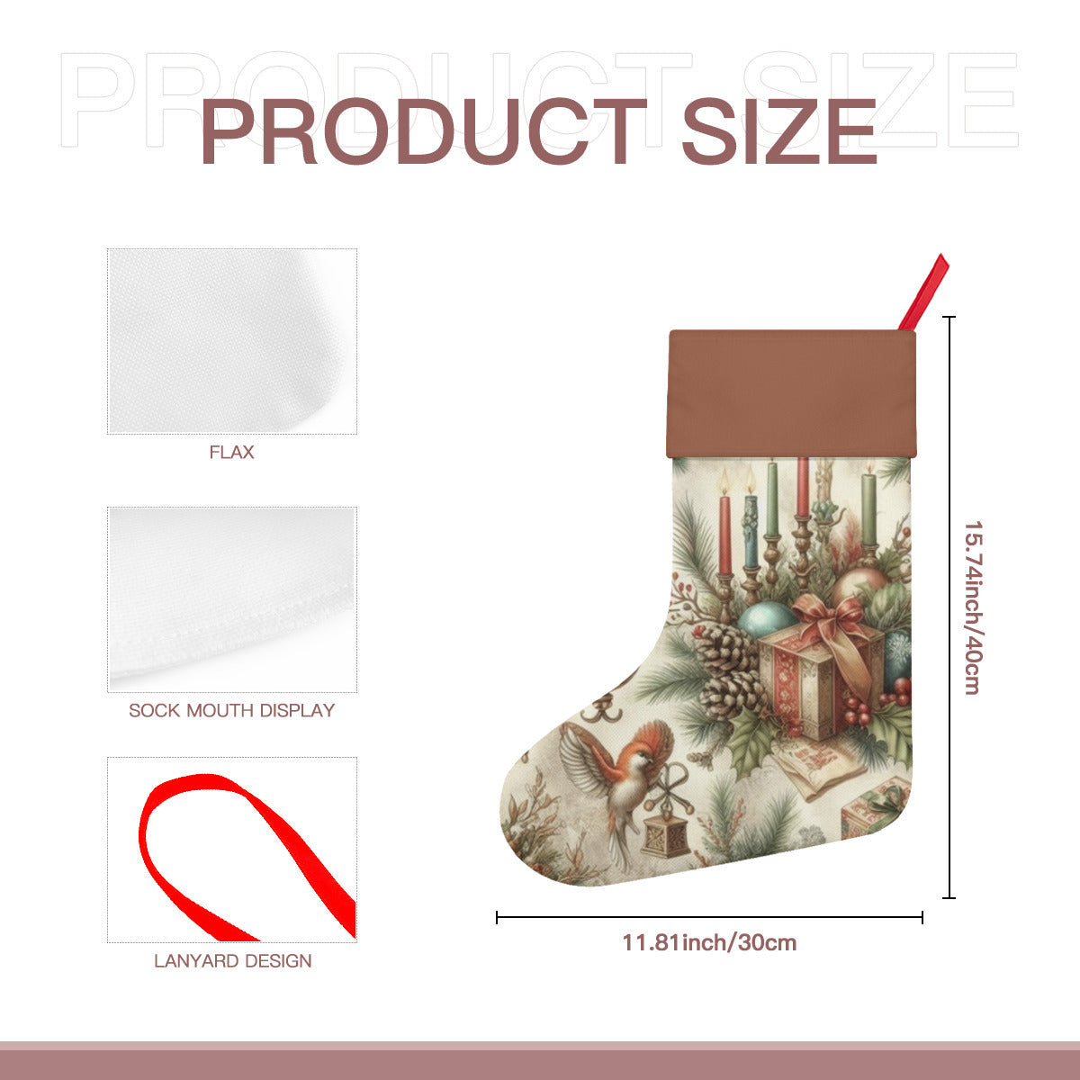 Product size chart for a Christmas stocking with measurements and design details.