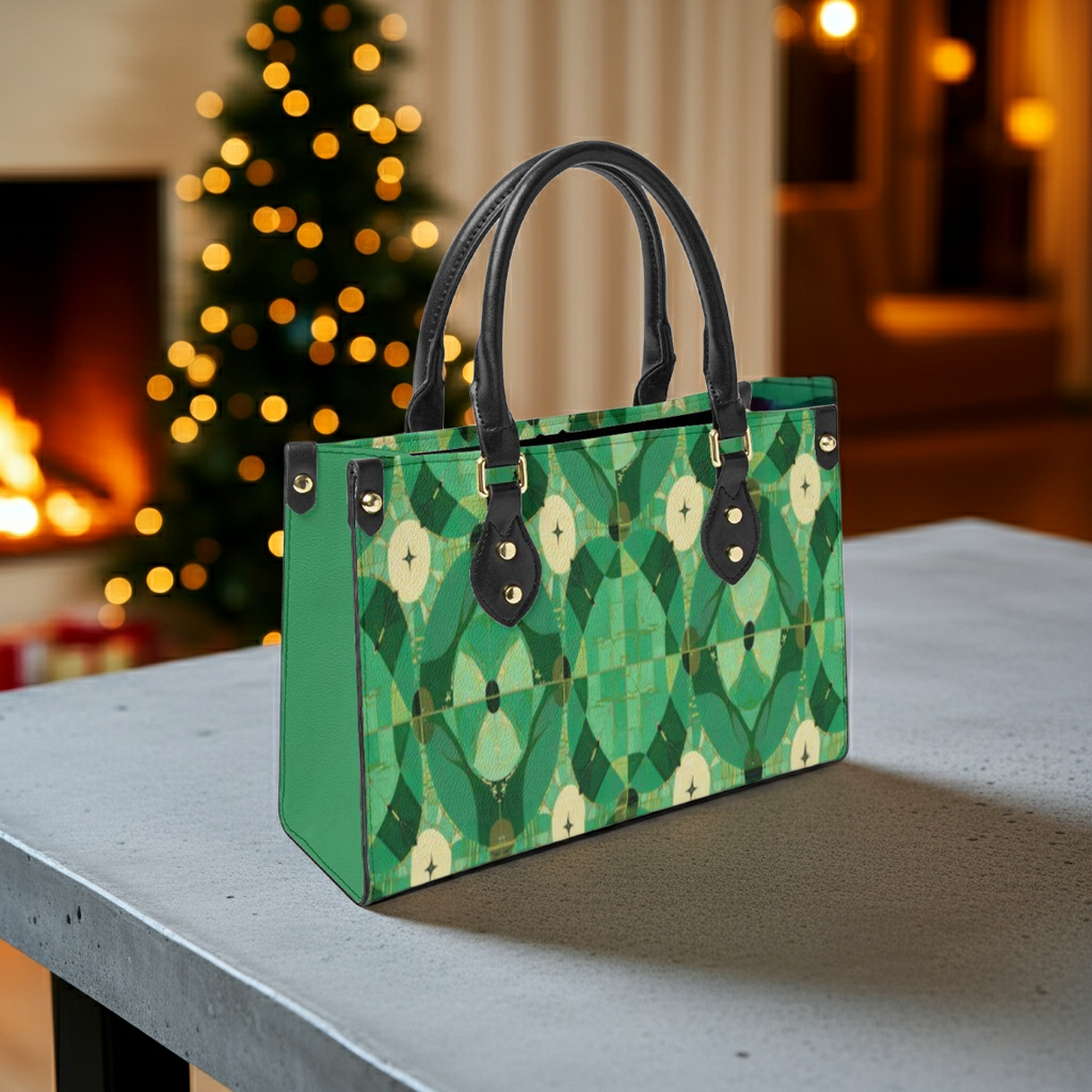 Green patterned handbag on a table with a blurred festive background