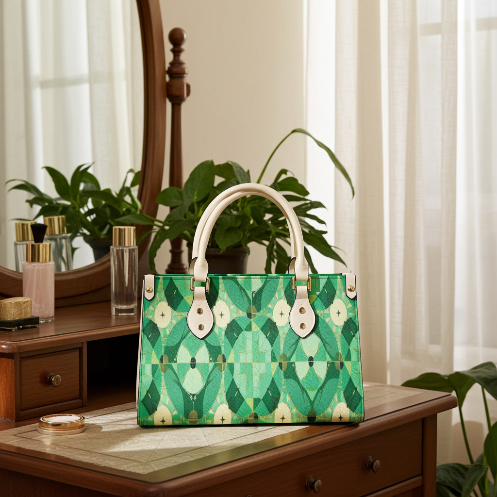 Green patterned handbag on a wooden surface with a mirror and plants in the background