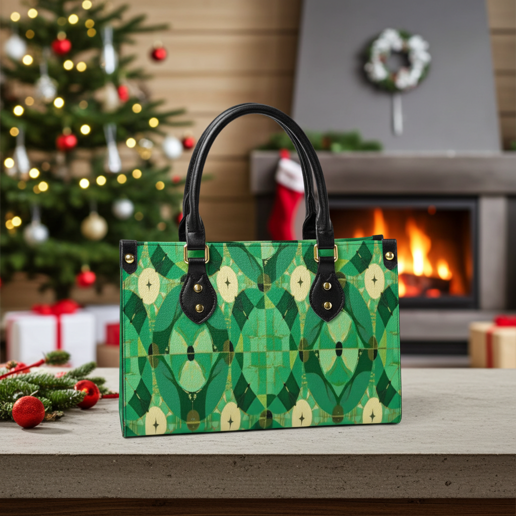 Green patterned handbag on a table with a festive background featuring a Christmas tree and fireplace.