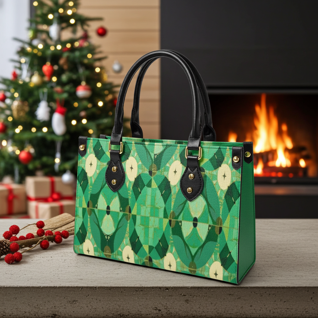 Green patterned handbag on a surface with a Christmas tree and fireplace in the background