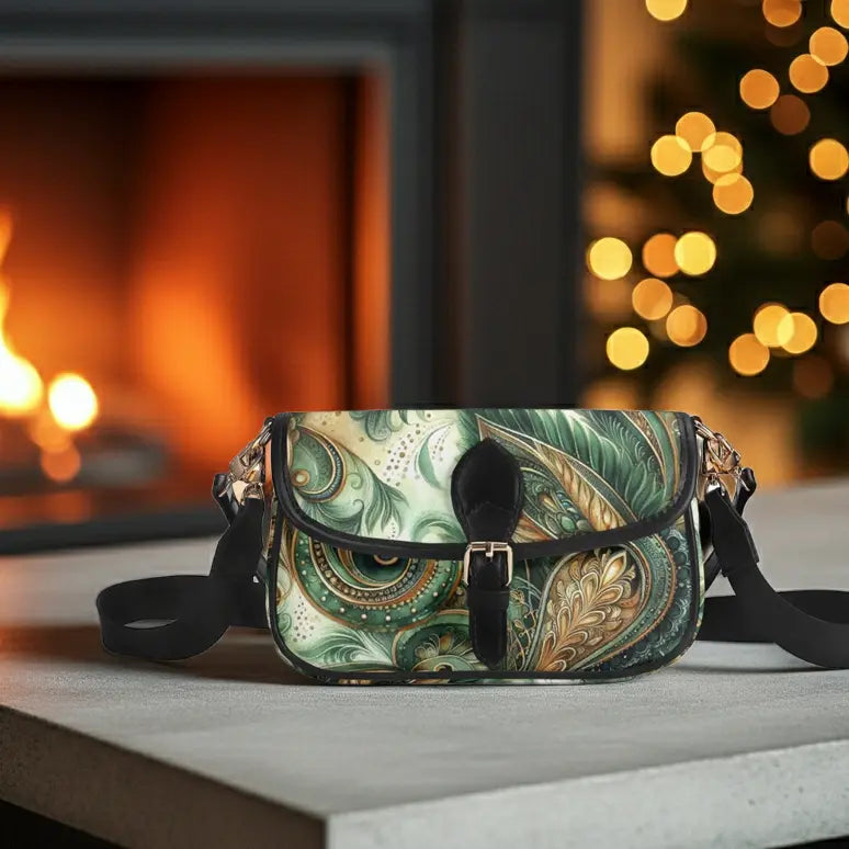Green patterned bag on a table with a fireplace and Christmas tree in the background