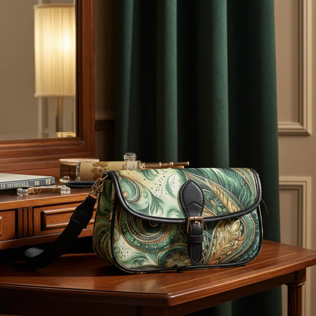 Women's Emerald Paisley Elegance Leather Handbag