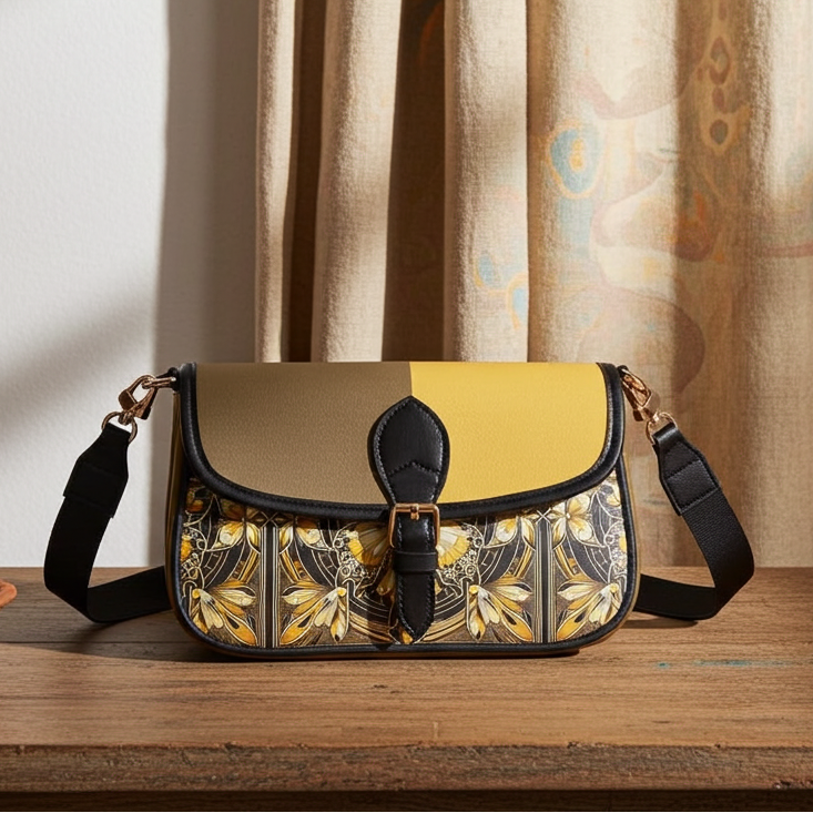 Floral patterned handbag on a wooden surface with a curtain in the background