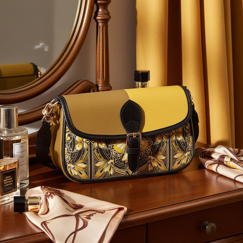Yellow handbag with floral pattern on a wooden dresser with perfume bottles and a mirror.