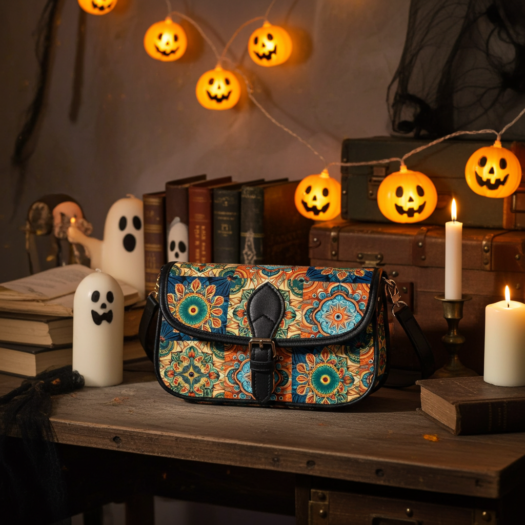 Decorative bag with Halloween-themed background including pumpkins, ghosts, and candles.