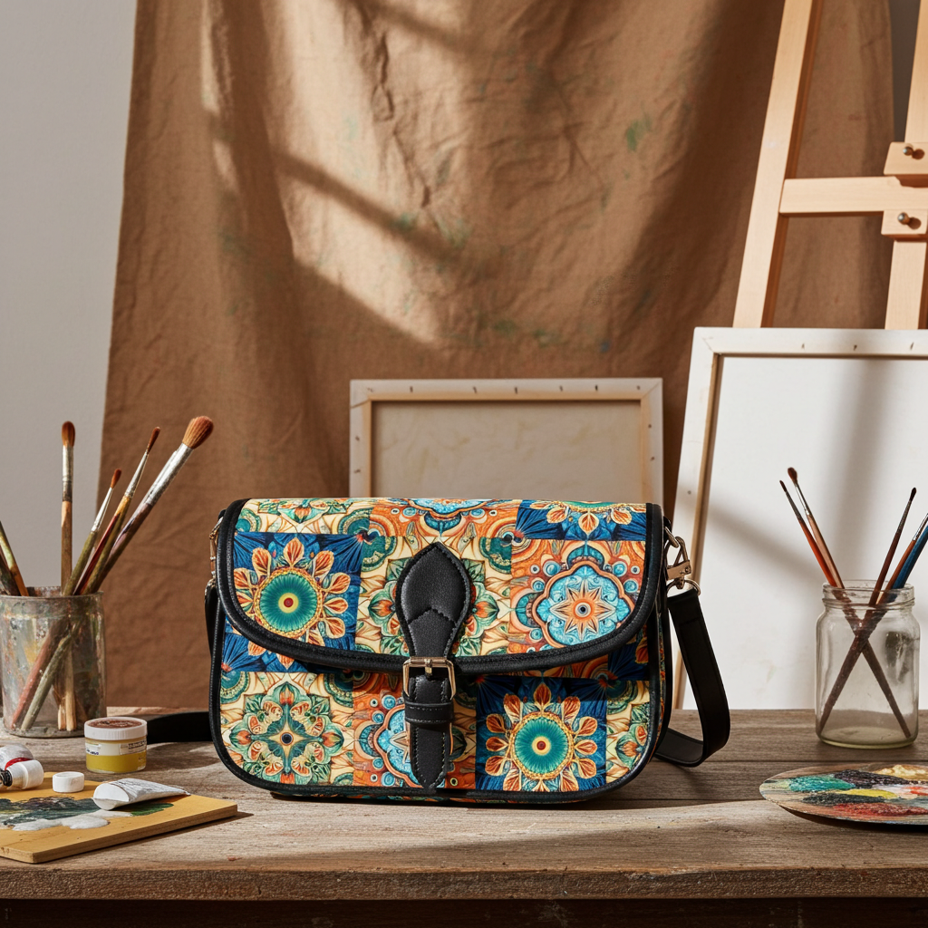 Colorful patterned bag on a wooden table with art supplies in the background