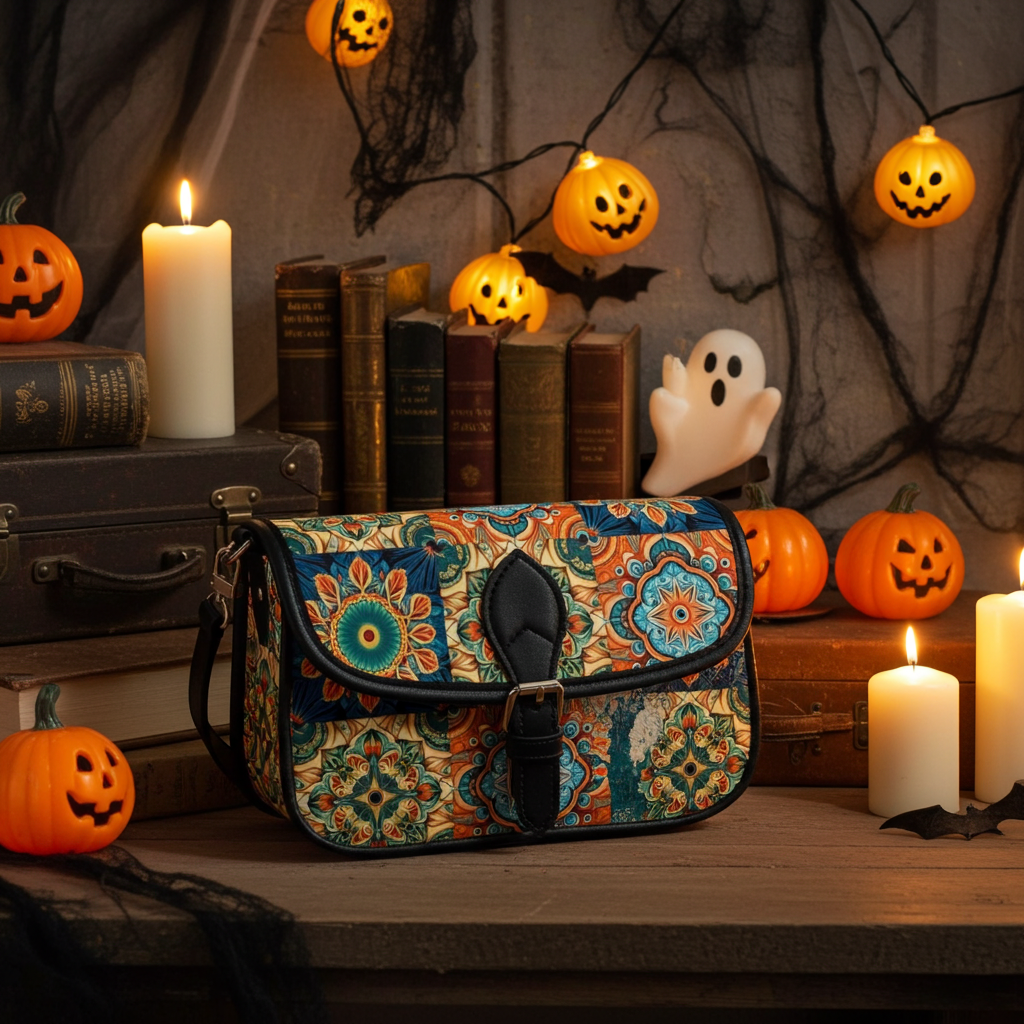 Decorative bag with Halloween-themed background including pumpkins, candles, and books.
