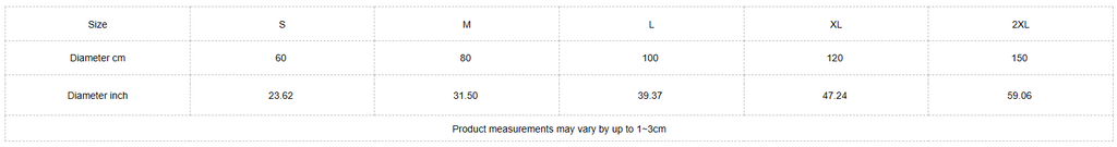 Table with product dimensions and weight details