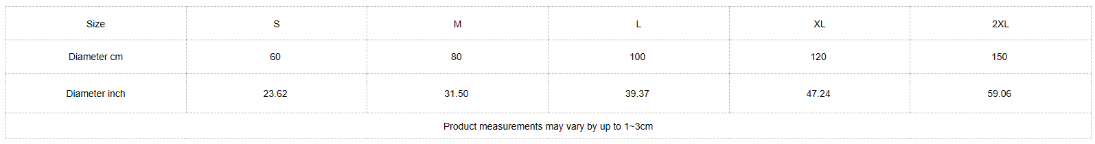Table with product dimensions and weight details