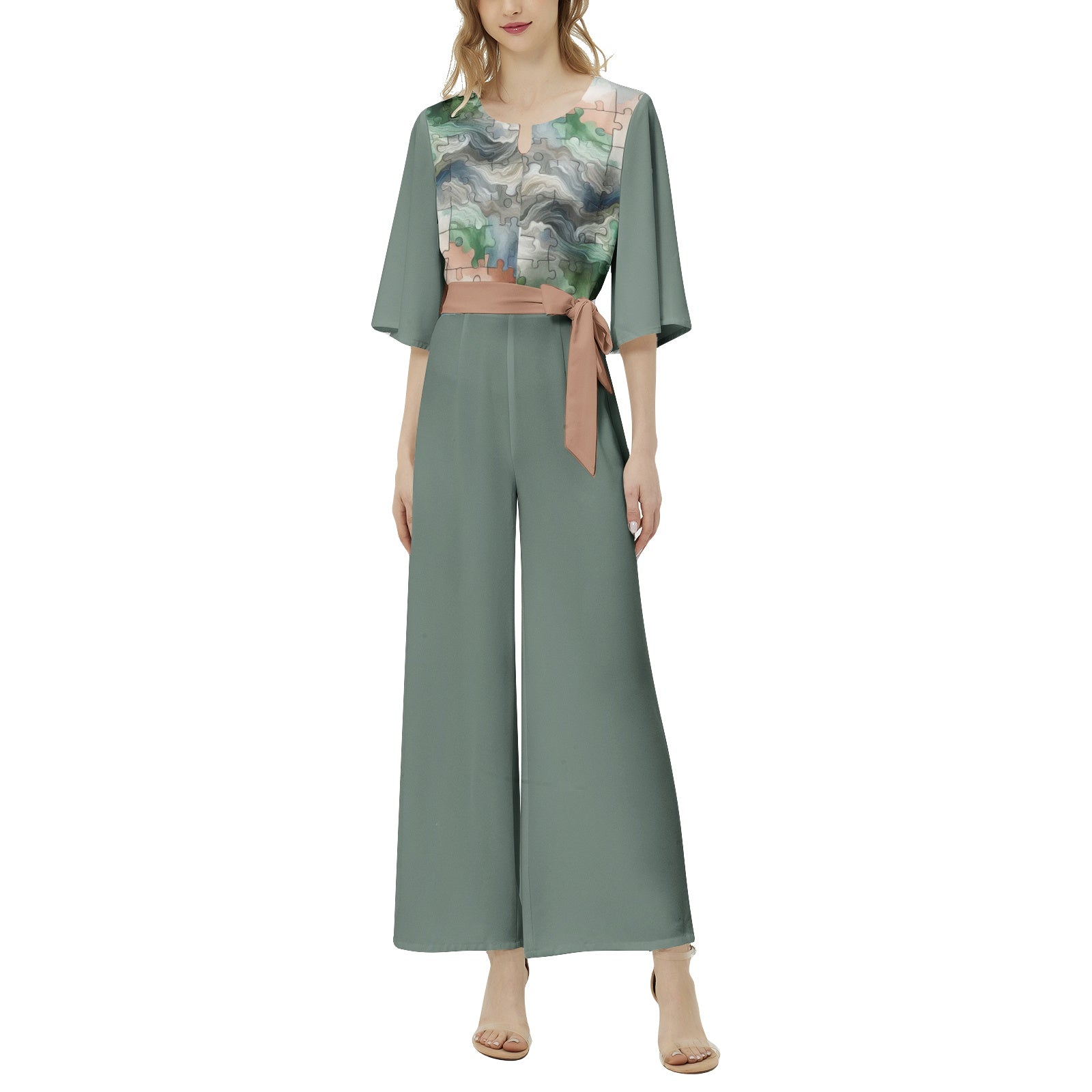 Modern Art Jumpsuit – Abstract Green Jigsaw Wide Leg Jumpsuit with Belt – Artistic Dolman Sleeve Jumpsuit for Casual Wear – Brushstroke Design