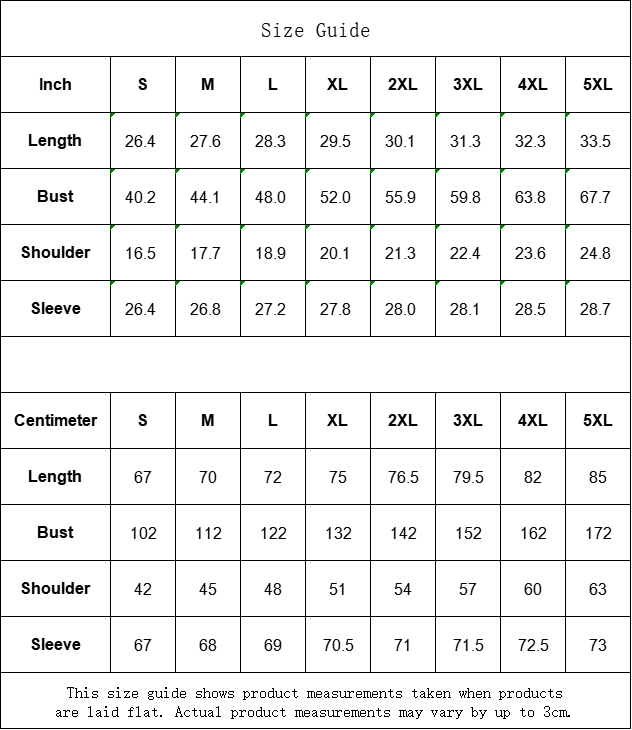Size guide chart for clothing measurements in inches and centimeters.