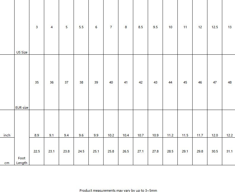 Size chart comparing US, EU, and foot length measurements in inches and centimeters.